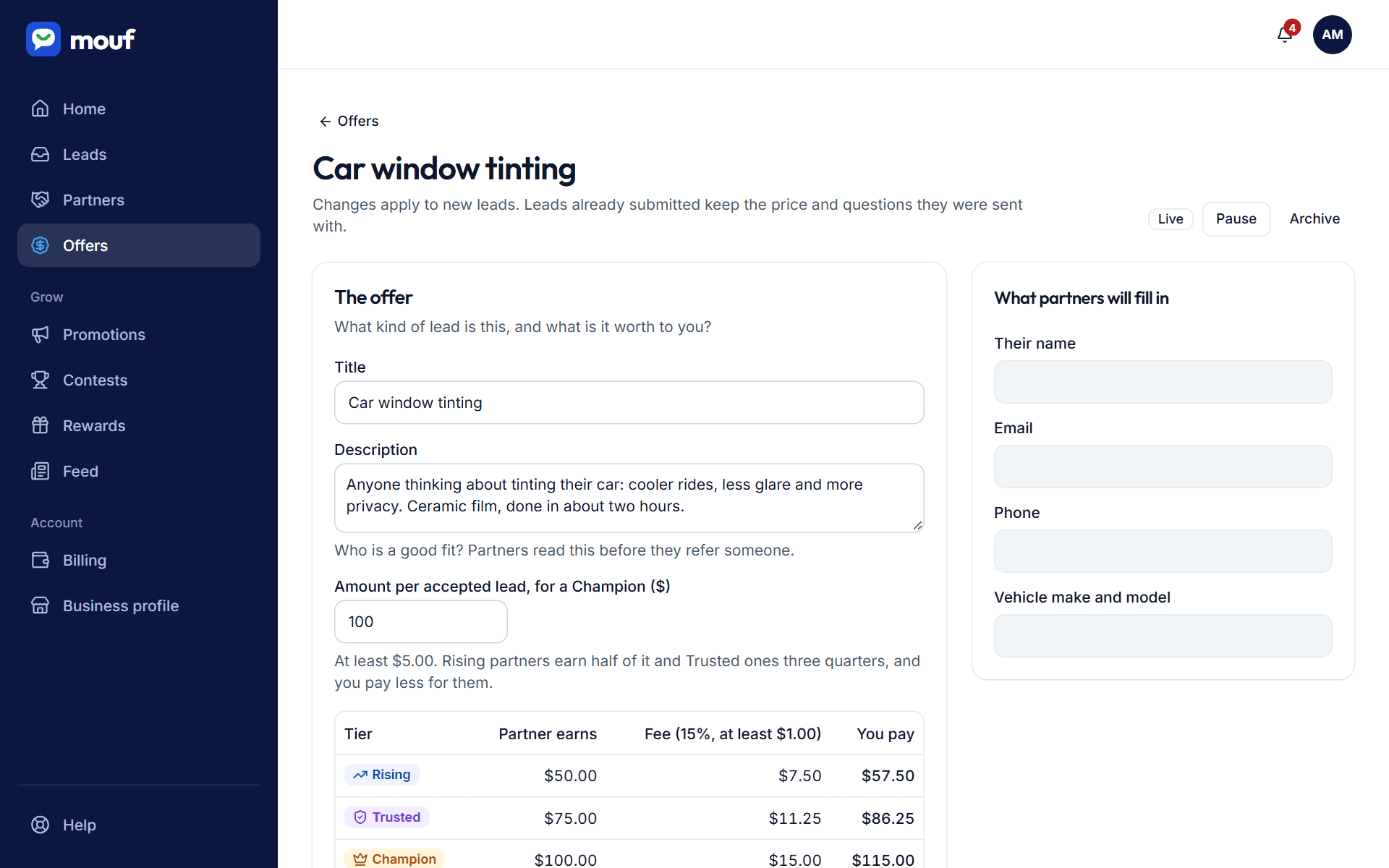Editing an offer on Mouf, with what a partner earns and what the business pays at each tier