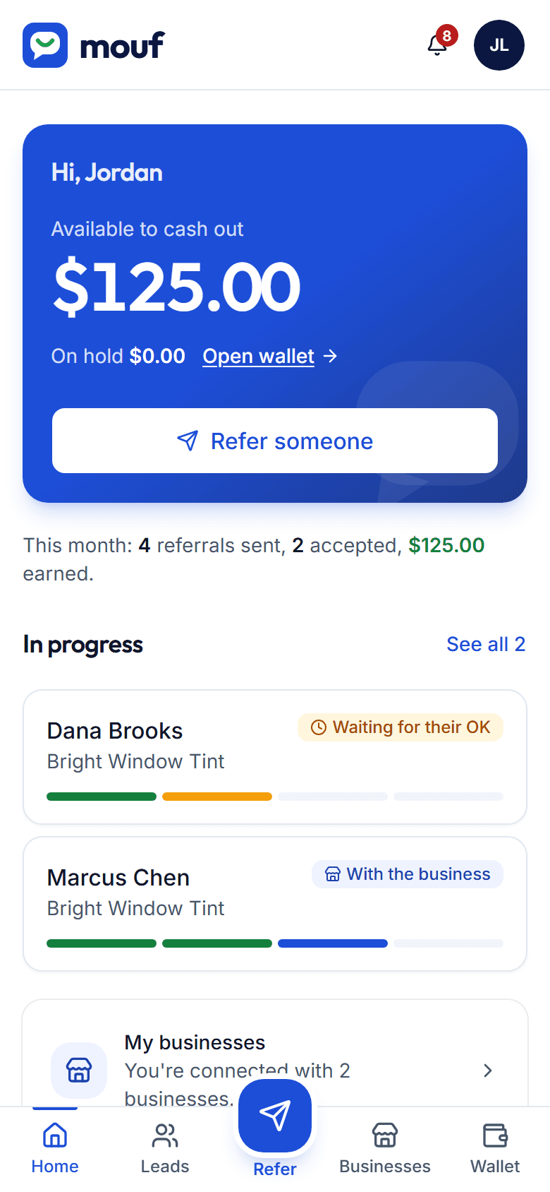 A Power Partner's home screen on Mouf with earnings on hold and a Refer someone button