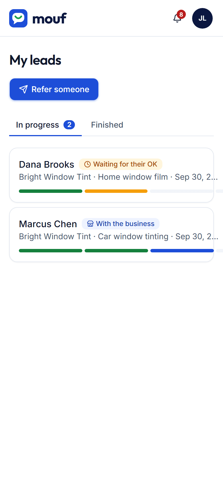 A partner's list of referrals on Mouf, with each one's status and what it's worth
