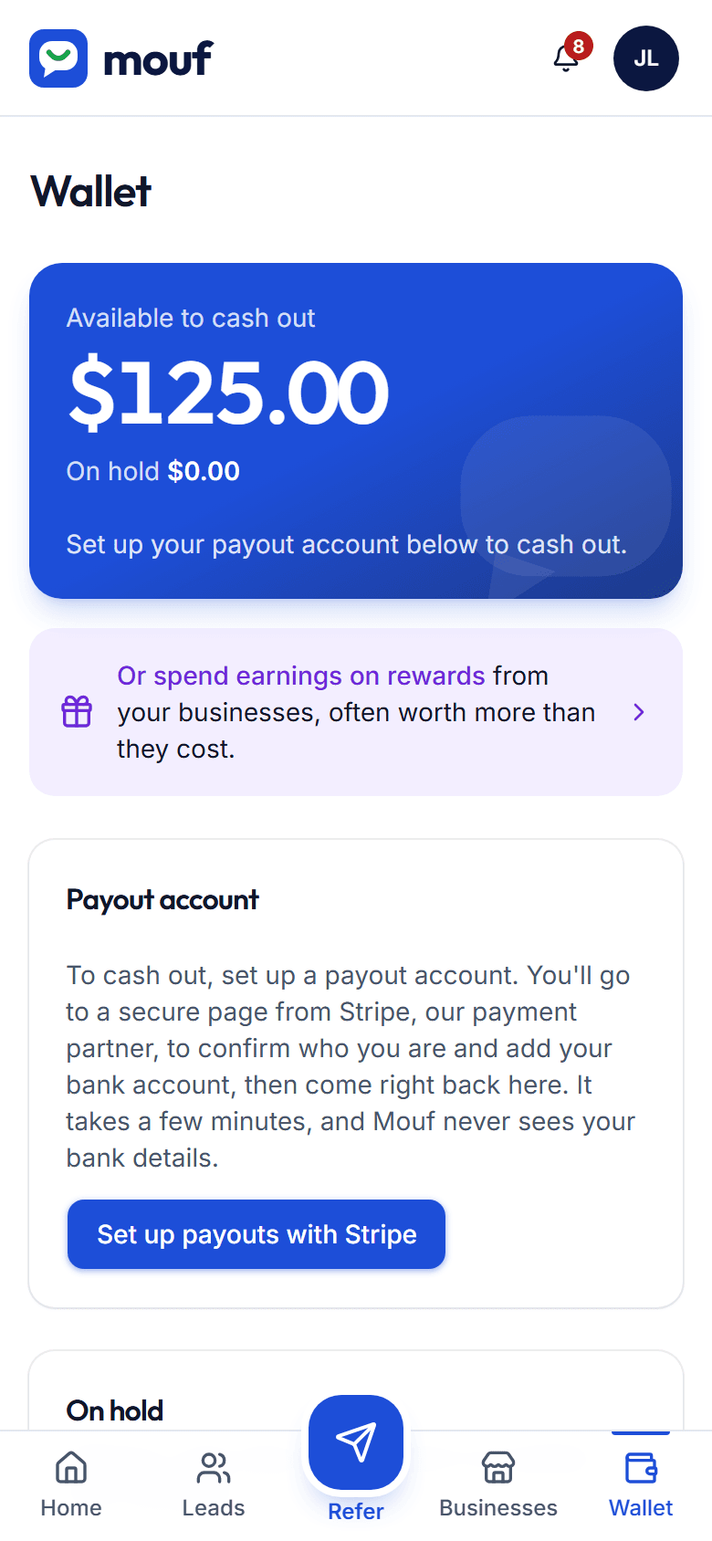 A partner's wallet with earnings from accepted leads
