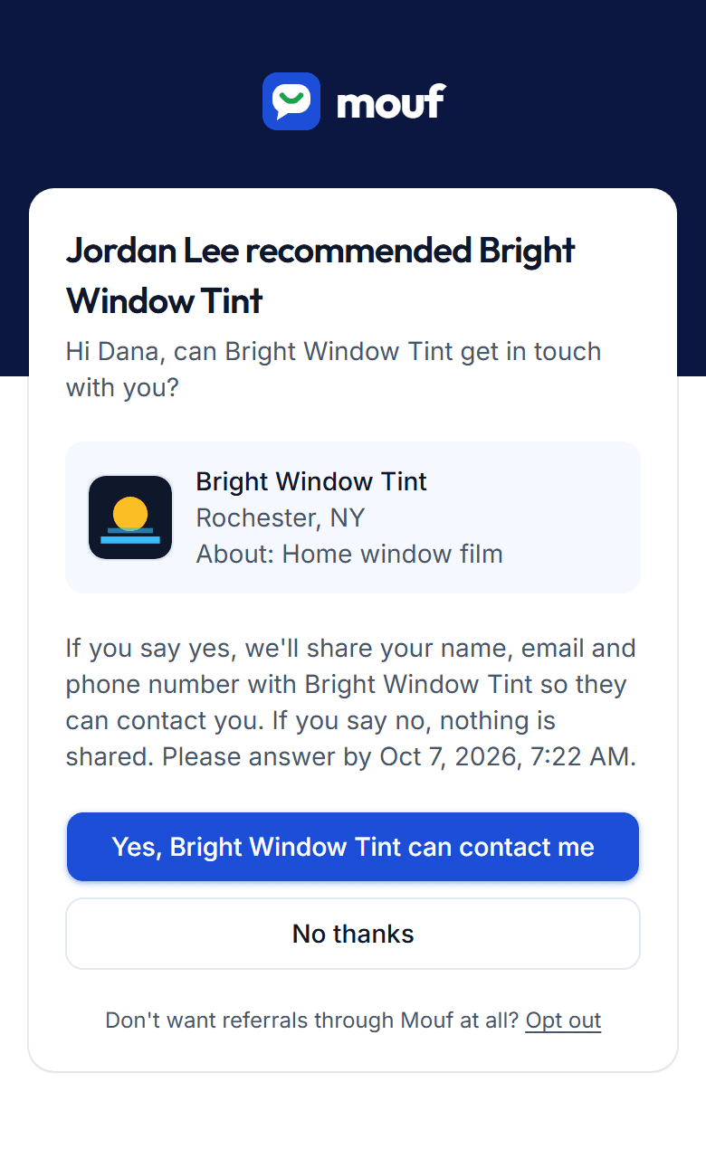 The friend's page asking whether the business may contact them